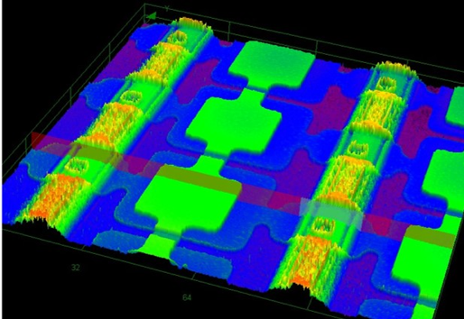 2D view of two square shape capacitive micromachined ultrasonic transducers (37 x 37 µm2). Image obtained with a confocal microscope.