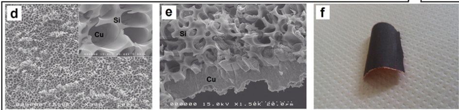 Free-standing macroporous silicon electrodes for Li-ion microbatteries as seen microscopically and macroscopically.