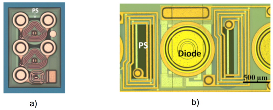 RF circuits prototypes integrated on silicon / PS hybrid substrates. a) Common mode filter and ESD protection diode. b) Low pass filter and ESD protection diode. Components commercialized by STMicroelectronics.