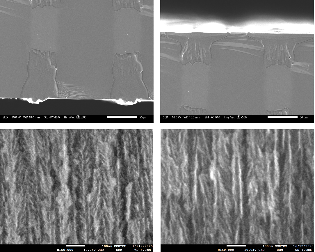Sideview of porous Si wells made out of electrochemical etching of P++ TGZM grids. Focus on both the entrance (above) and exit (below) sides at low and high magnification.